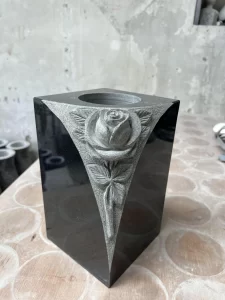 Square Black Granite Memorial Vase with Carved Rose (3) Square Black Granite Memorial Vase with Carved Rose