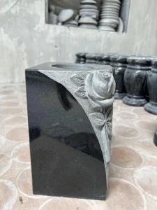 Square Black Granite Memorial Vase with Carved Rose (5)