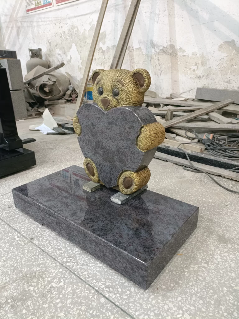Carved Teddy Bear Tombstone Bahama Blue Granite Memorial Grave Accessory 2
