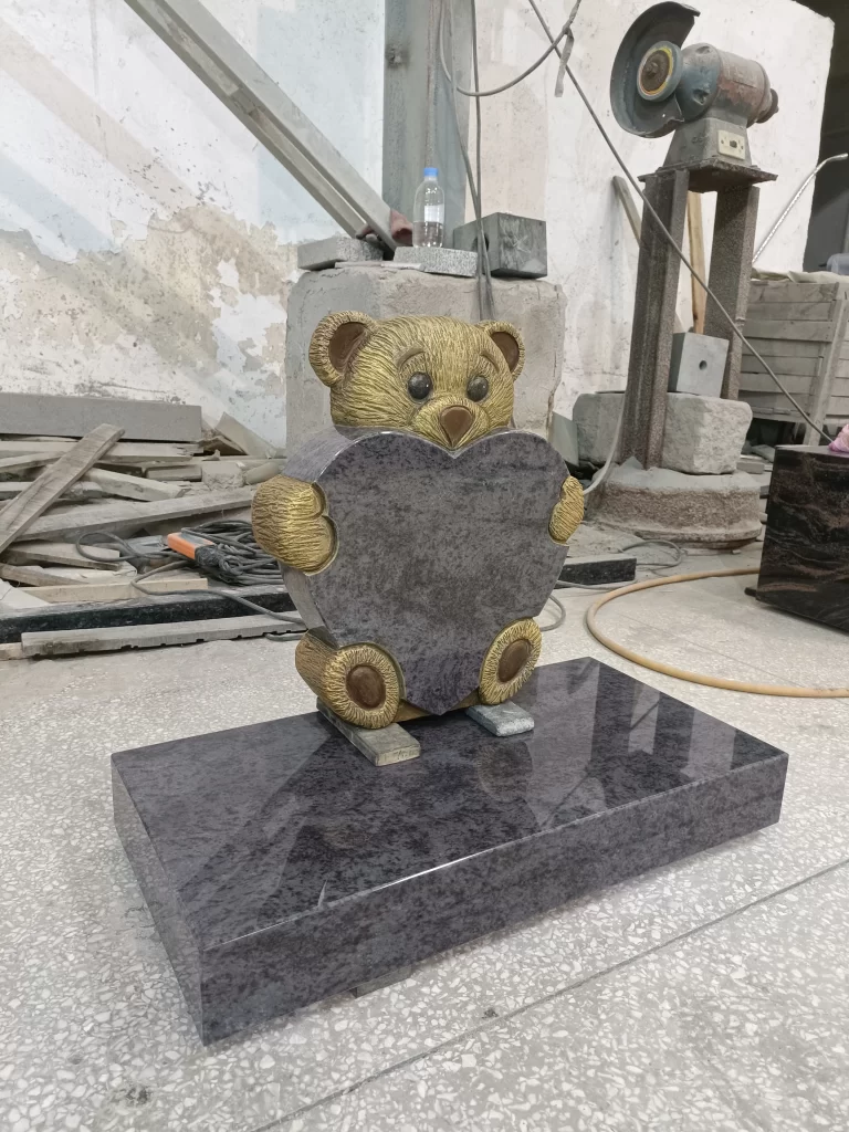 Carved Teddy Bear Tombstone Bahama Blue Granite Memorial Grave Accessory 3