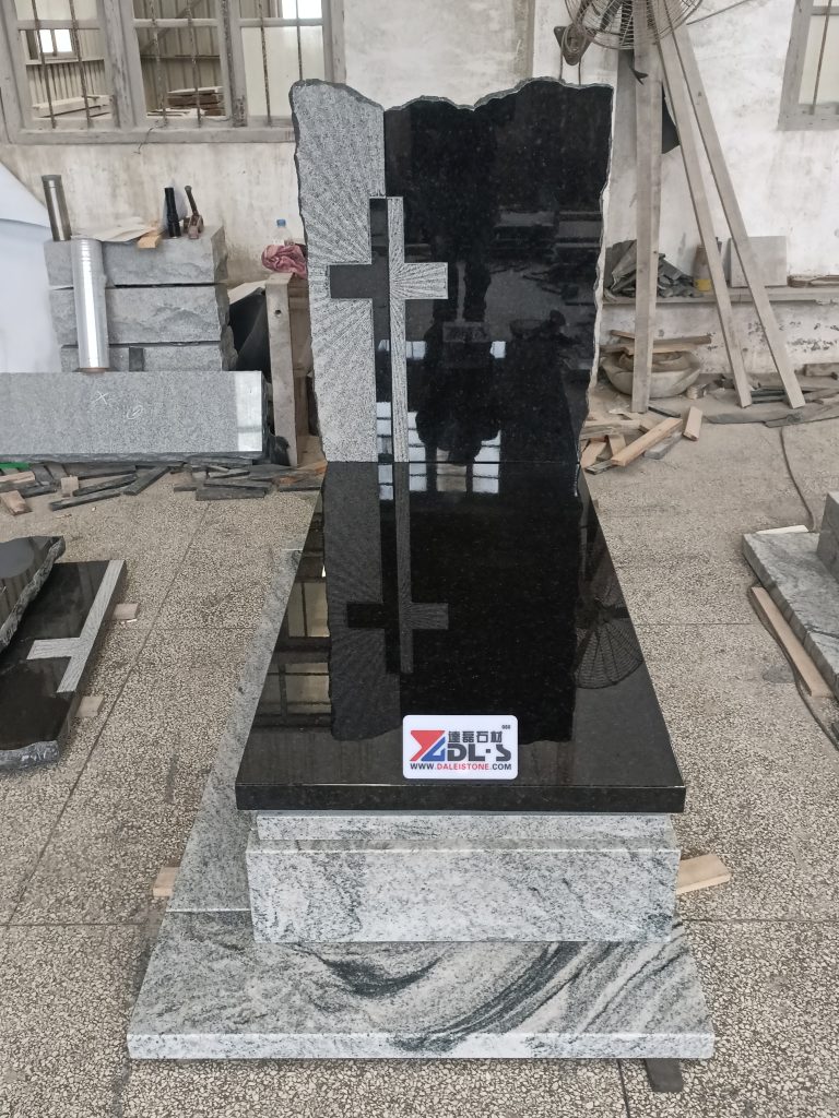 Viscont White Black Granite Tombstone Carved Cross Headstone 1