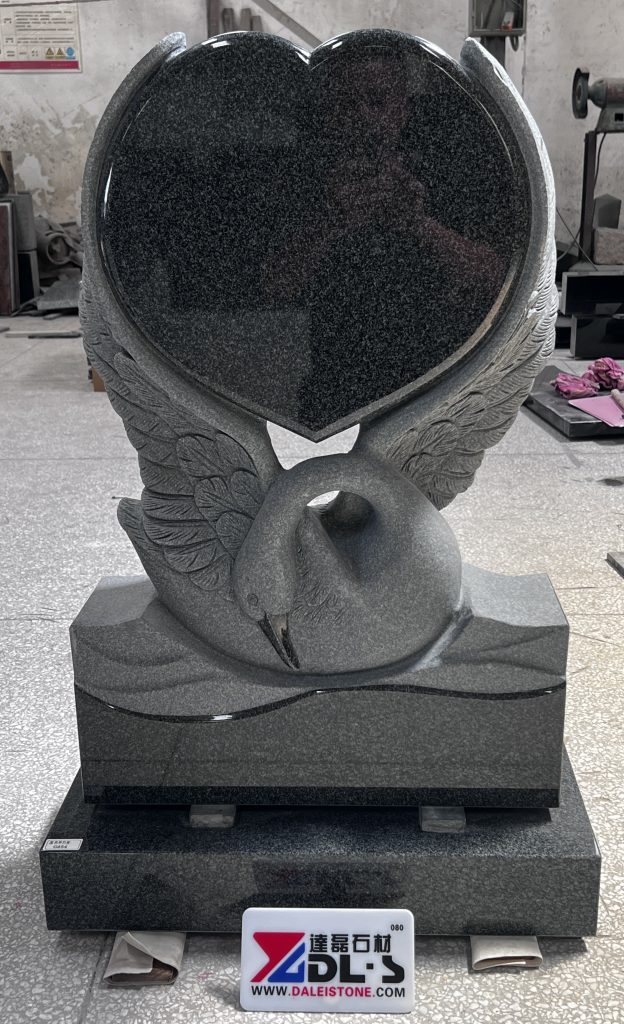 Carved Swan with Heart Headstone Black Granite Sculpture Monument 1