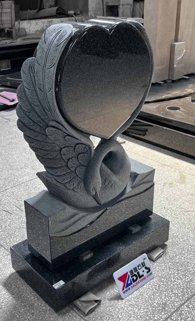 Carved Swan with Heart Headstone Black Granite Sculpture Monument 2