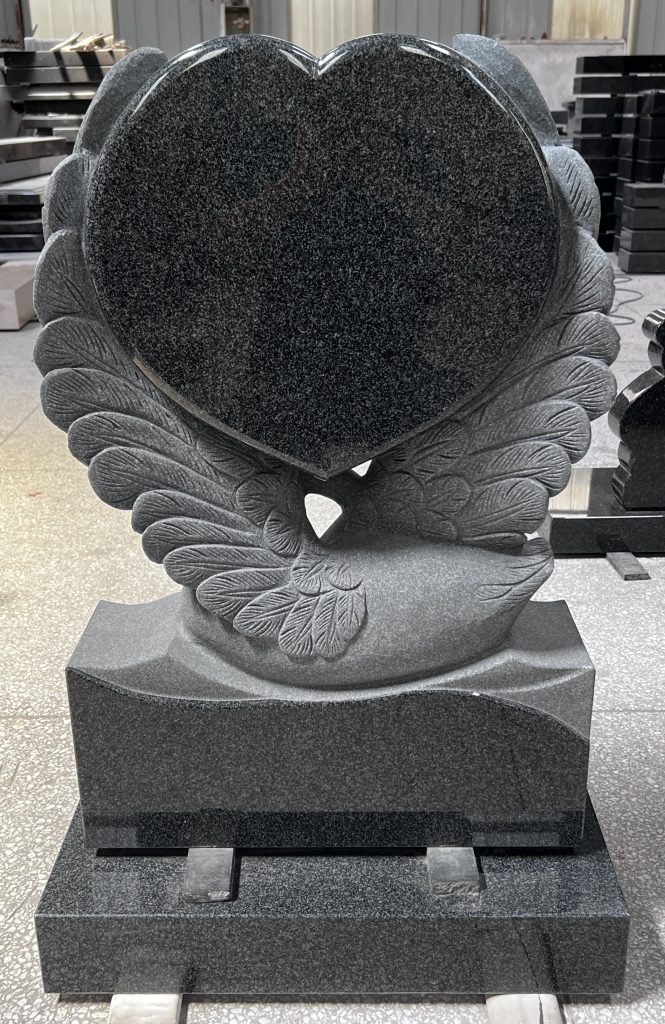 Carved Swan with Heart Headstone Black Granite Sculpture Monument 3