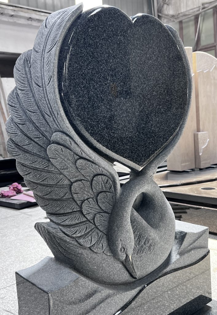 Carved Swan with Heart Headstone Black Granite Sculpture Monument 4
