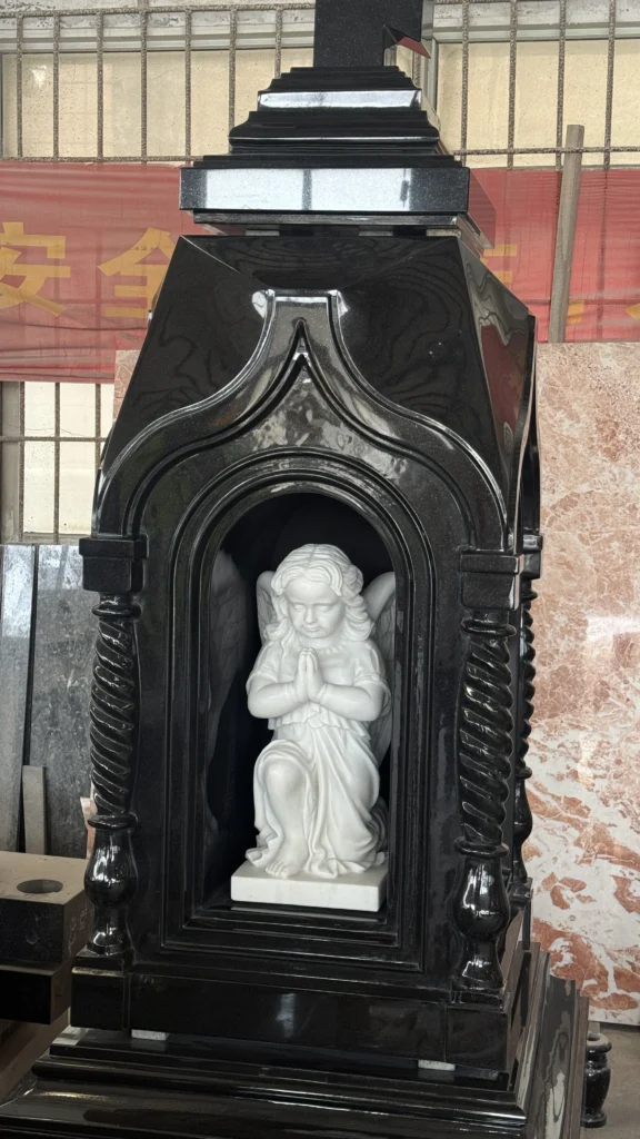 Carved Cross with Angel Statue Black Granite Monument 1
