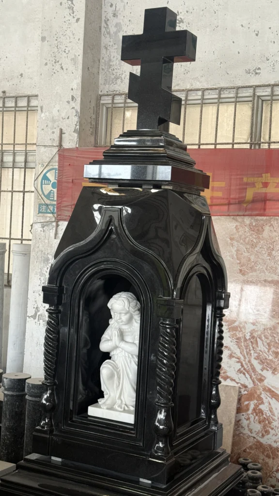 Carved Cross with Angel Statue Black Granite Monument 2
