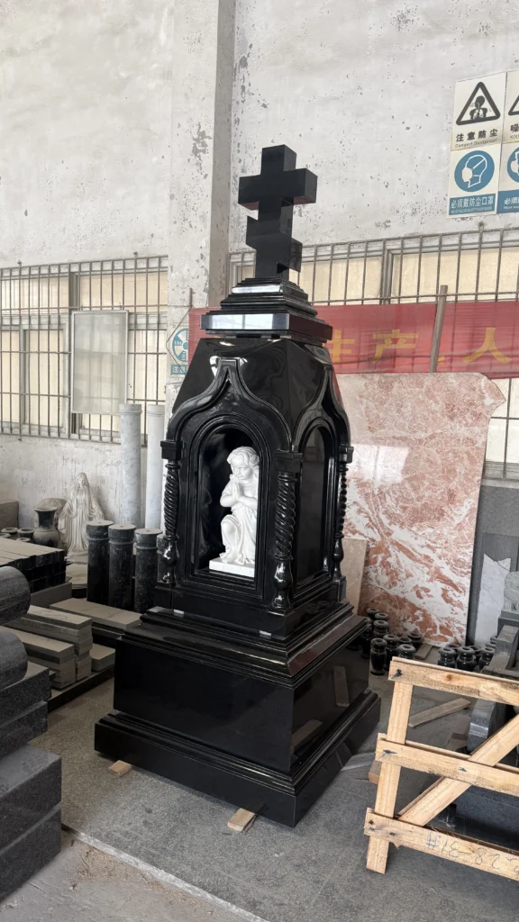 Carved Cross with Angel Statue Black Granite Monument 3