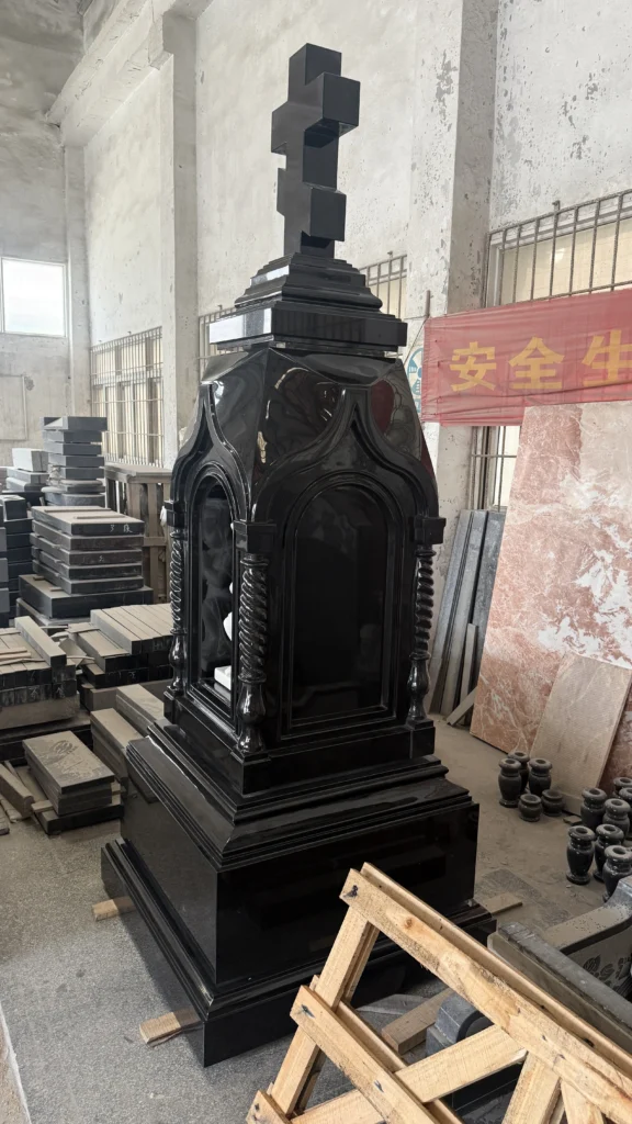 Carved Cross with Angel Statue Black Granite Monument 4