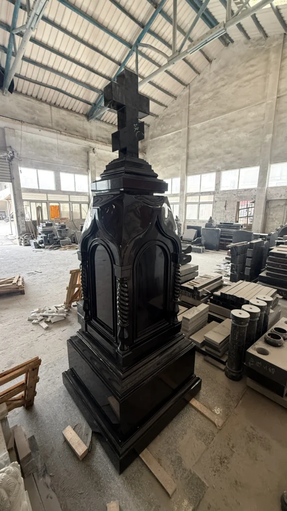 Carved Cross with Angel Statue Black Granite Monument 5