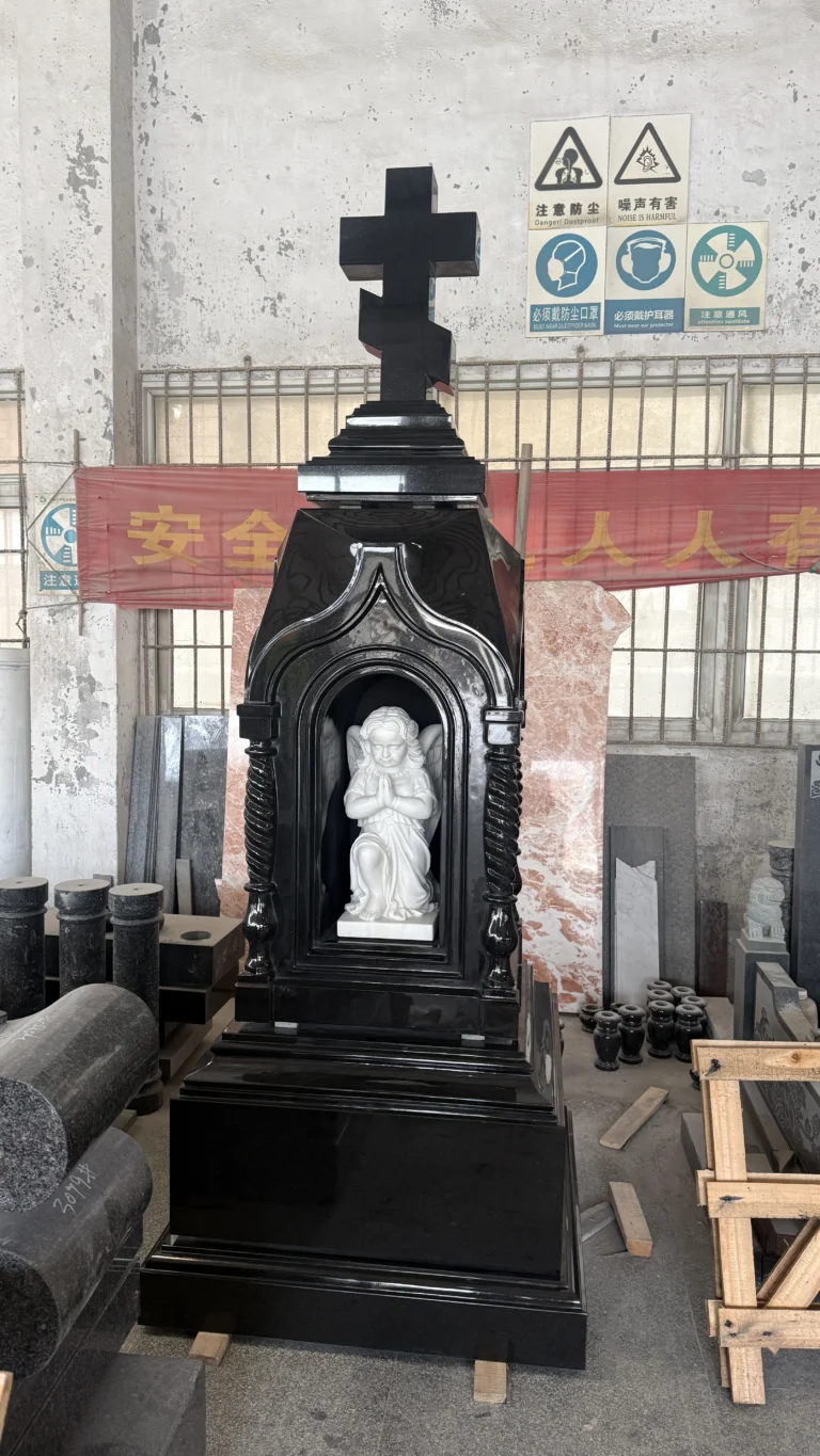 Carved Cross with Angel Statue Black Granite Monument 6