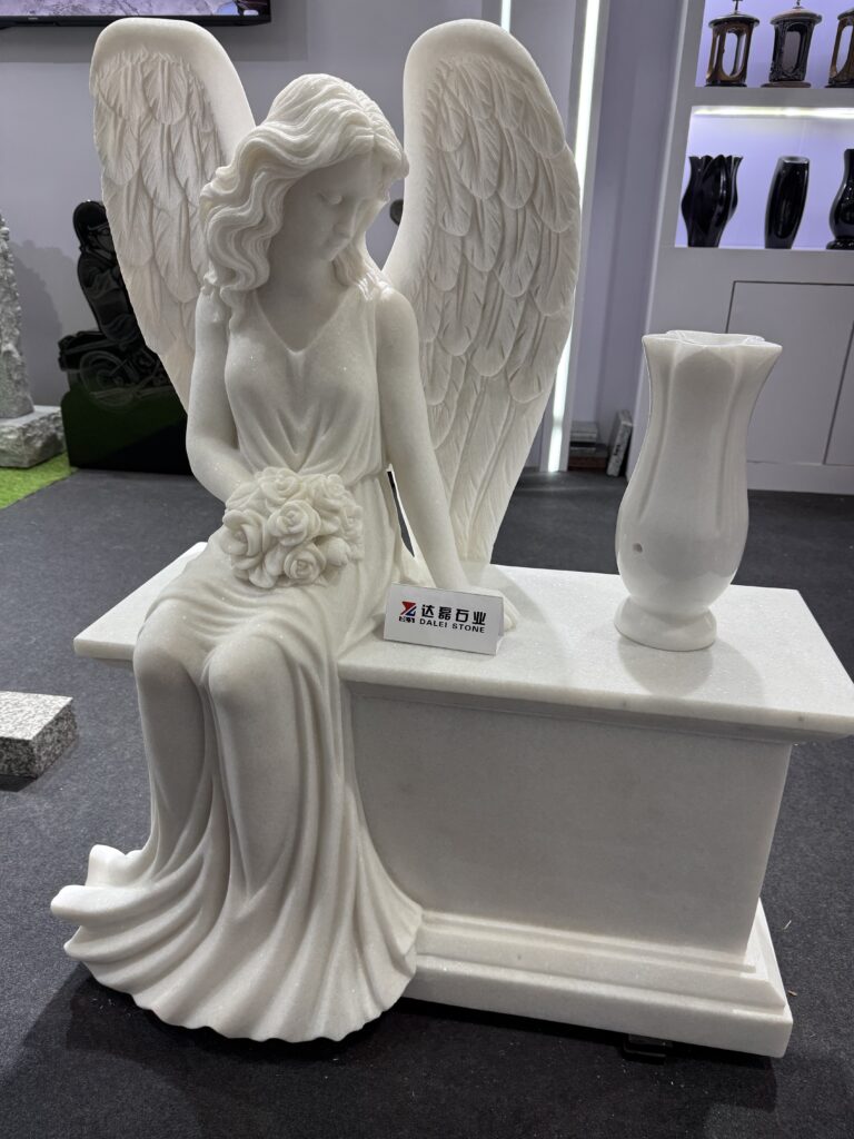 Carved White Marble Angel Statue on Bench 1