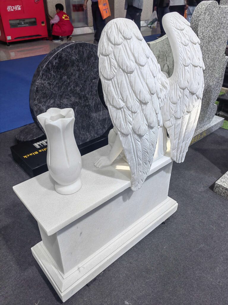 Carved White Marble Angel Statue on Bench 2