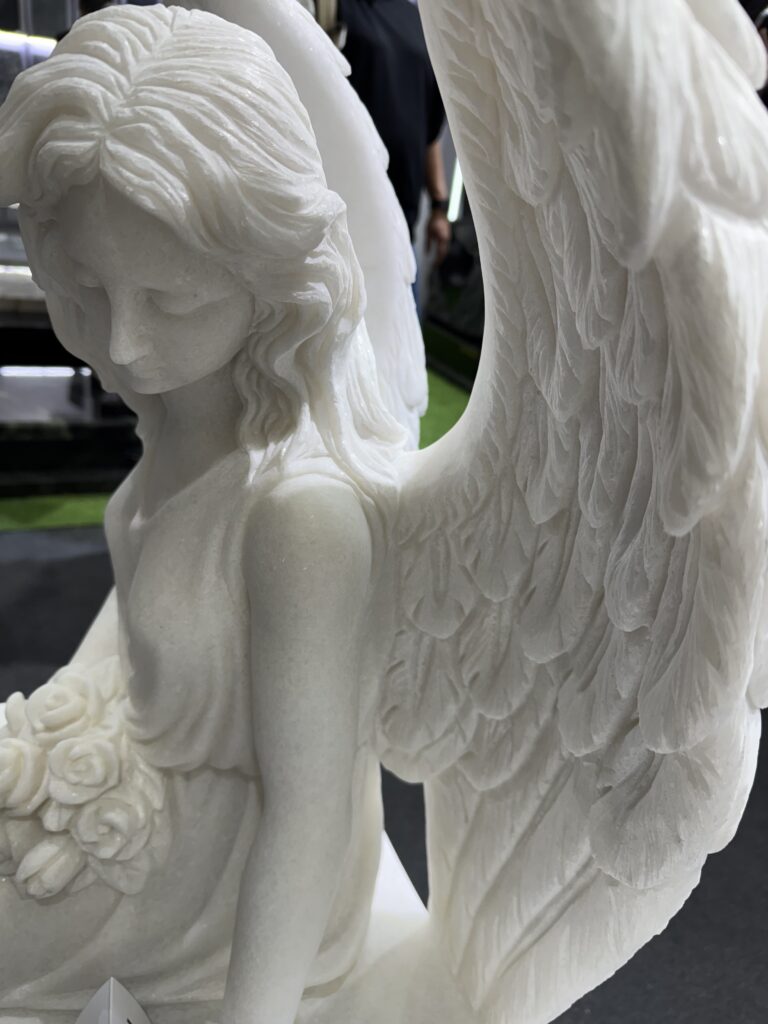 Carved White Marble Angel Statue on Bench 4