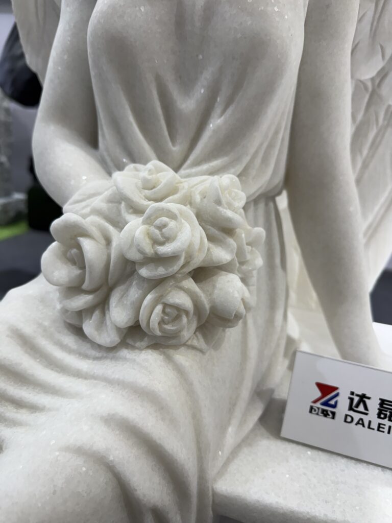 Carved White Marble Angel Statue on Bench 6