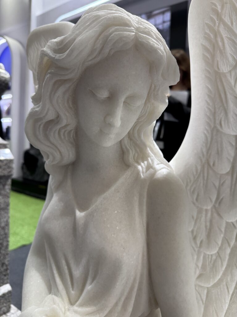 Carved White Marble Angel Statue on Bench 7