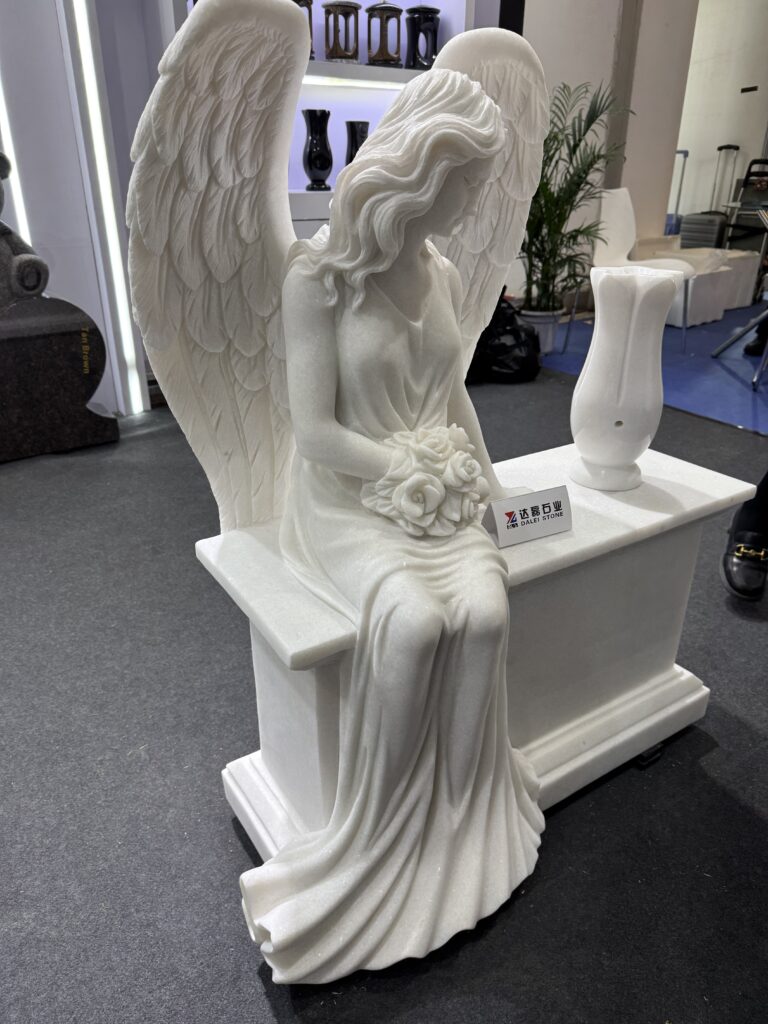 Carved White Marble Angel Statue on Bench 8