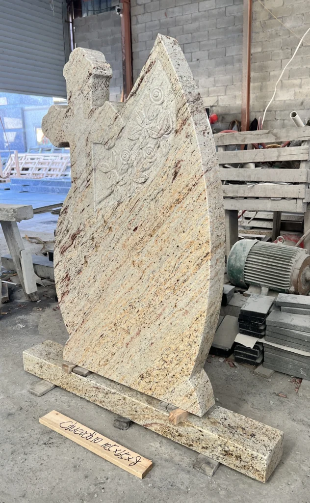 Golden Coin Granite Upright Headstone with Orthodox Cross 3