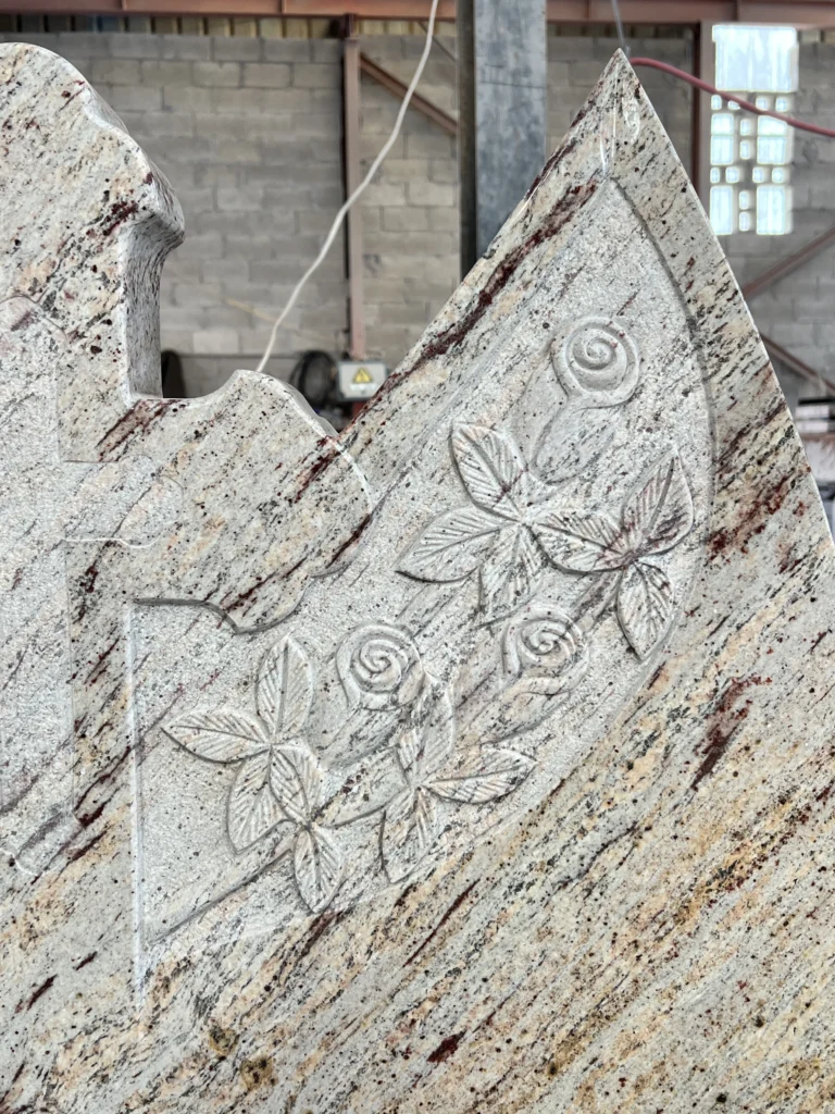 Golden Coin Granite Upright Headstone with Orthodox Cross 4