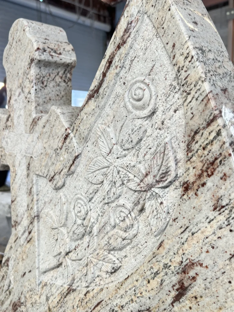 Golden Coin Granite Upright Headstone with Orthodox Cross 5