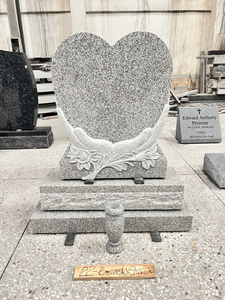 Carved Cradled Heart Design Grey Granite Headstone 1