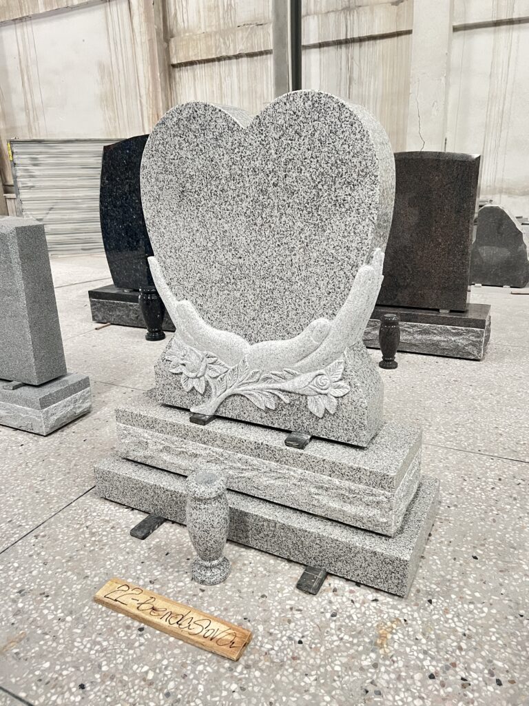 Carved Cradled Heart Design Grey Granite Headstone 2