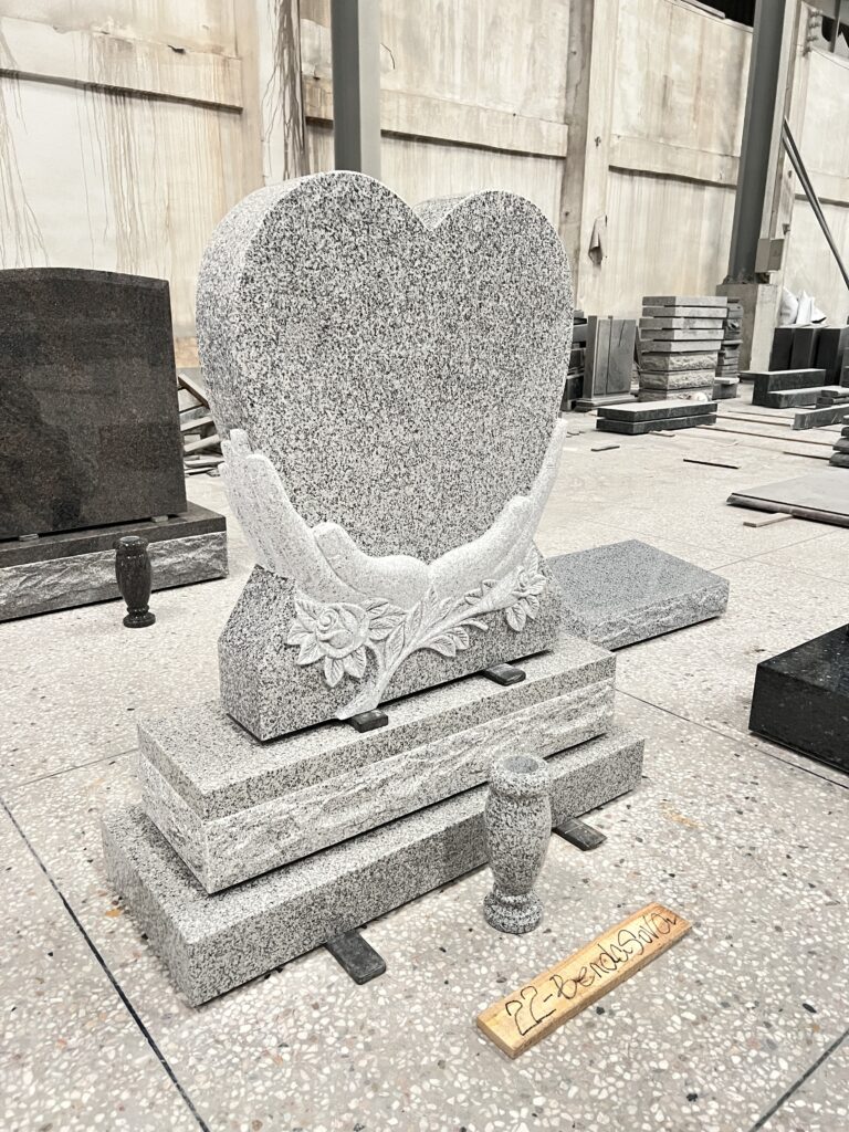 Carved Cradled Heart Design Grey Granite Headstone 3