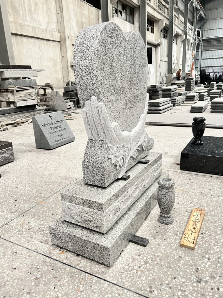 Carved Cradled Heart Design Grey Granite Headstone 4