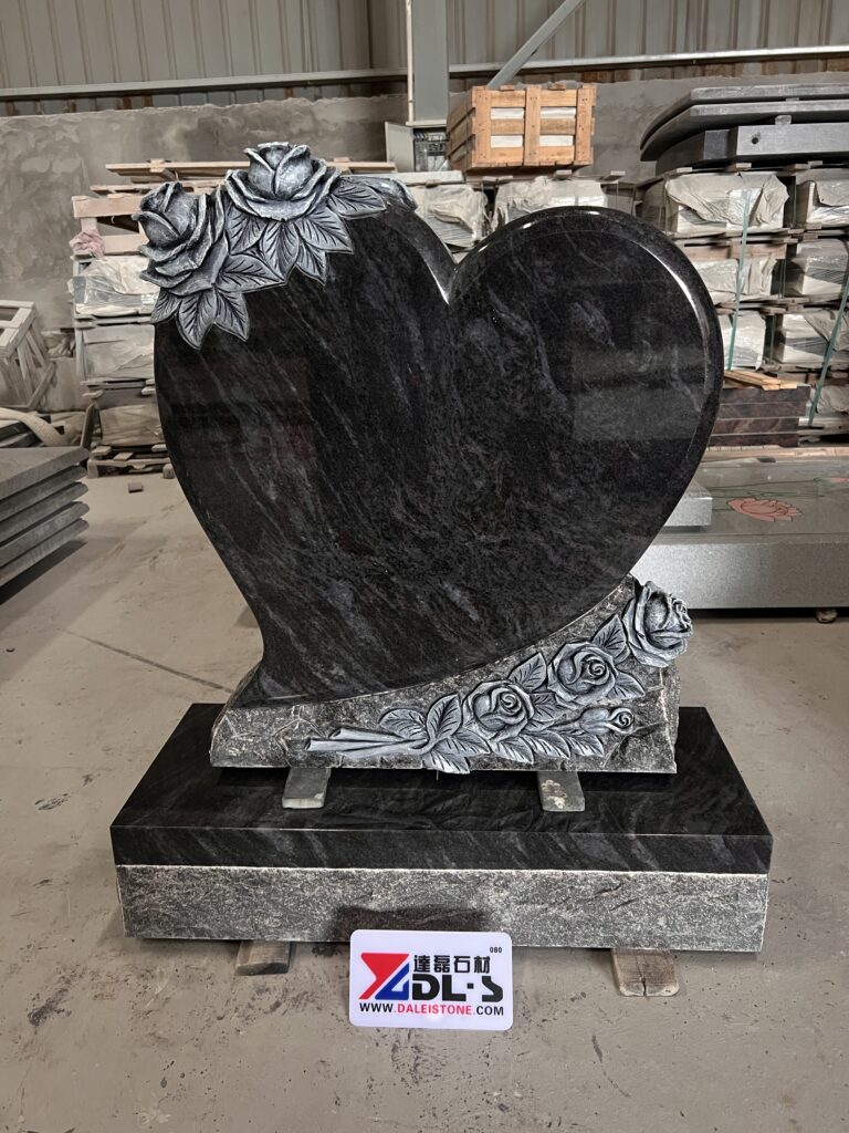 Carved Rose Heart Shaped Bahama Blue Granite Headstone 1