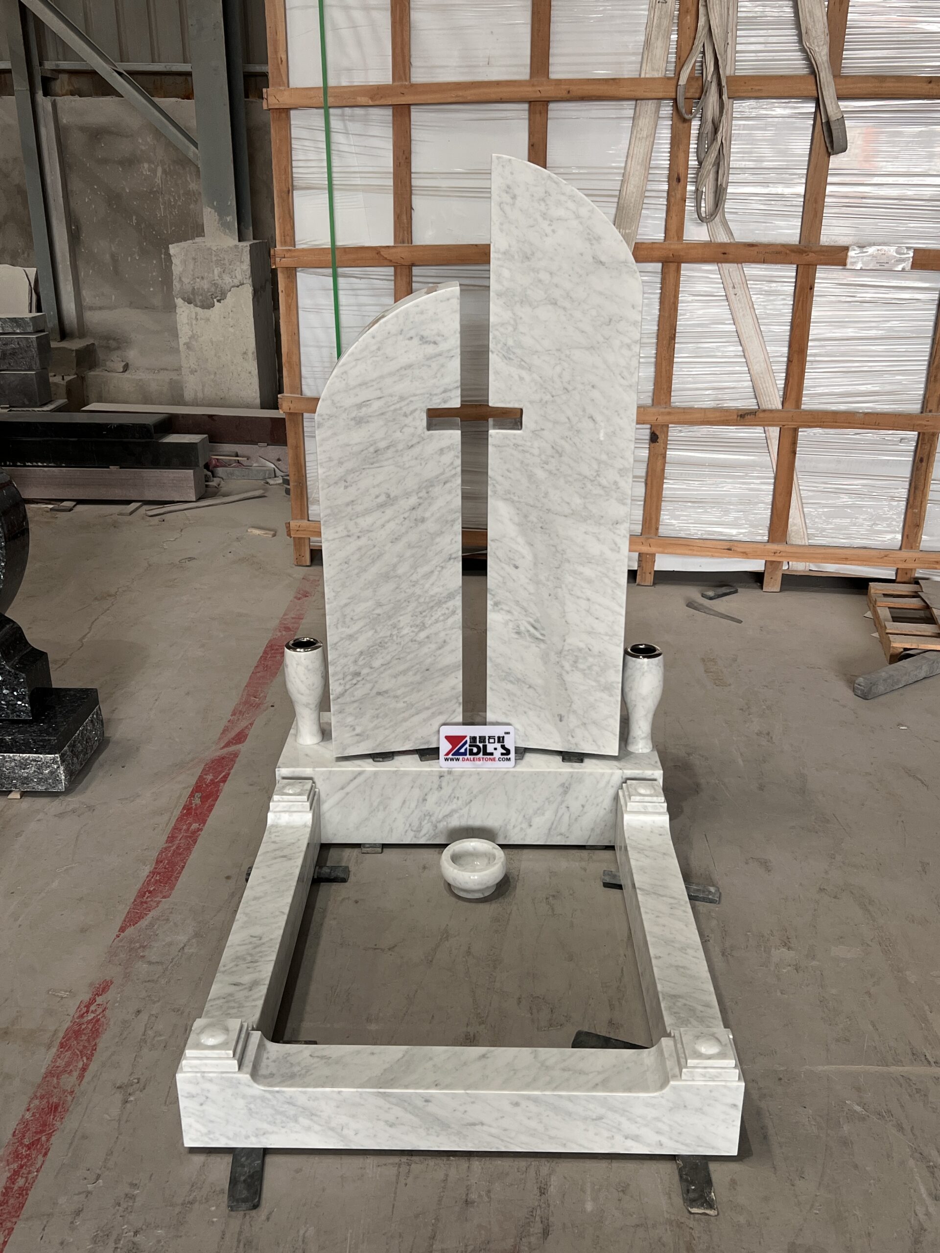 Modern Cutout Cross Design Carrara Marble Monument Set 1