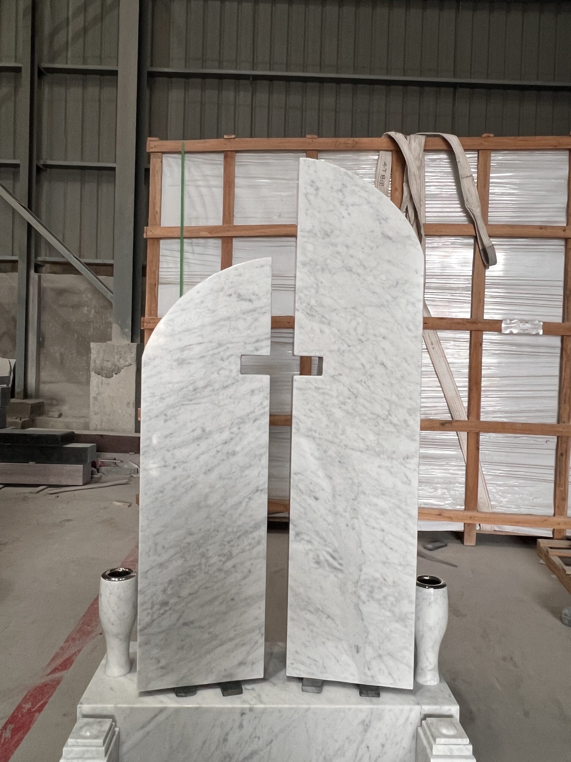 Modern Cutout Cross Design Carrara Marble Monument Set 6
