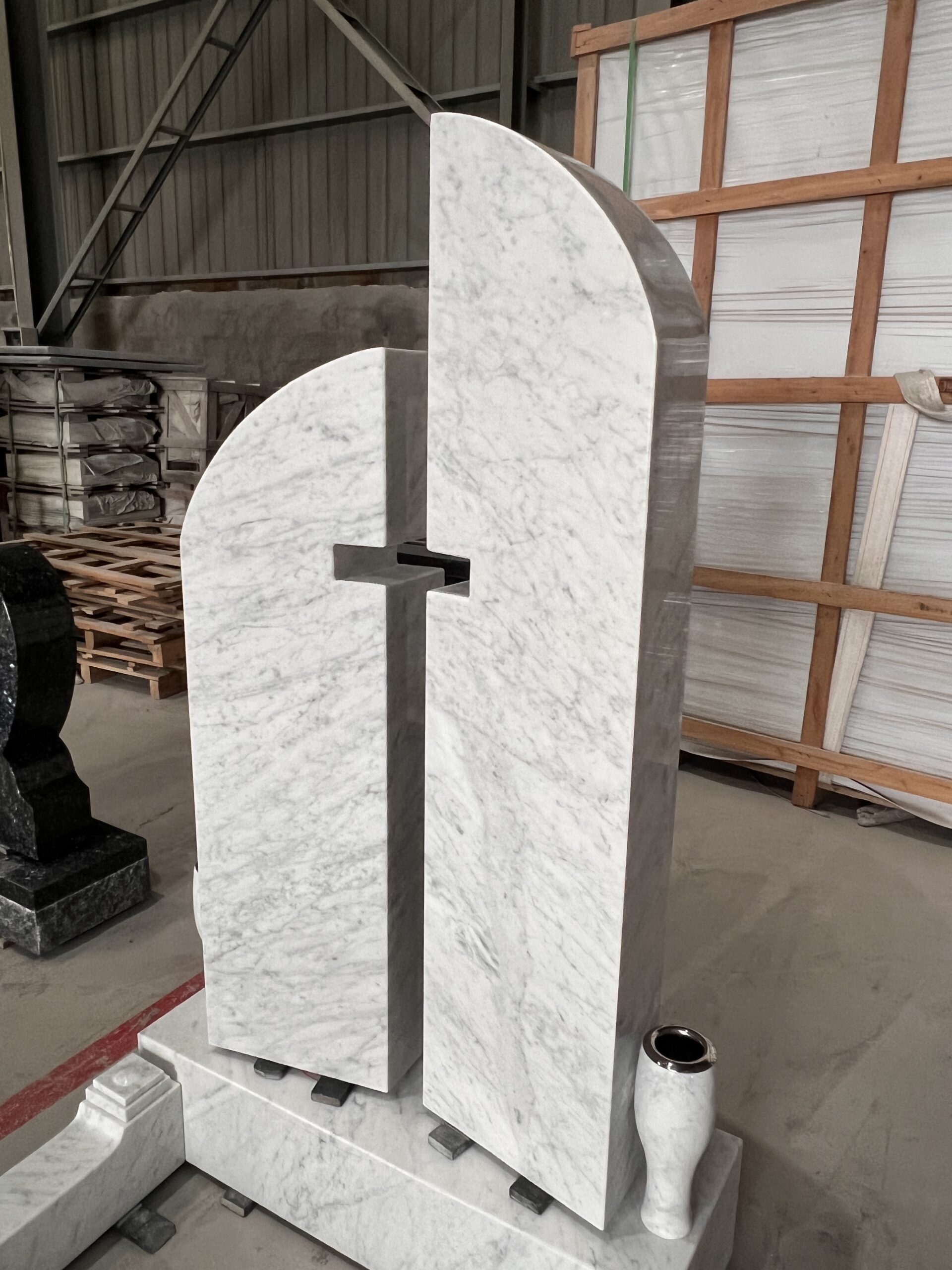 Modern Cutout Cross Design Carrara Marble Monument Set 7