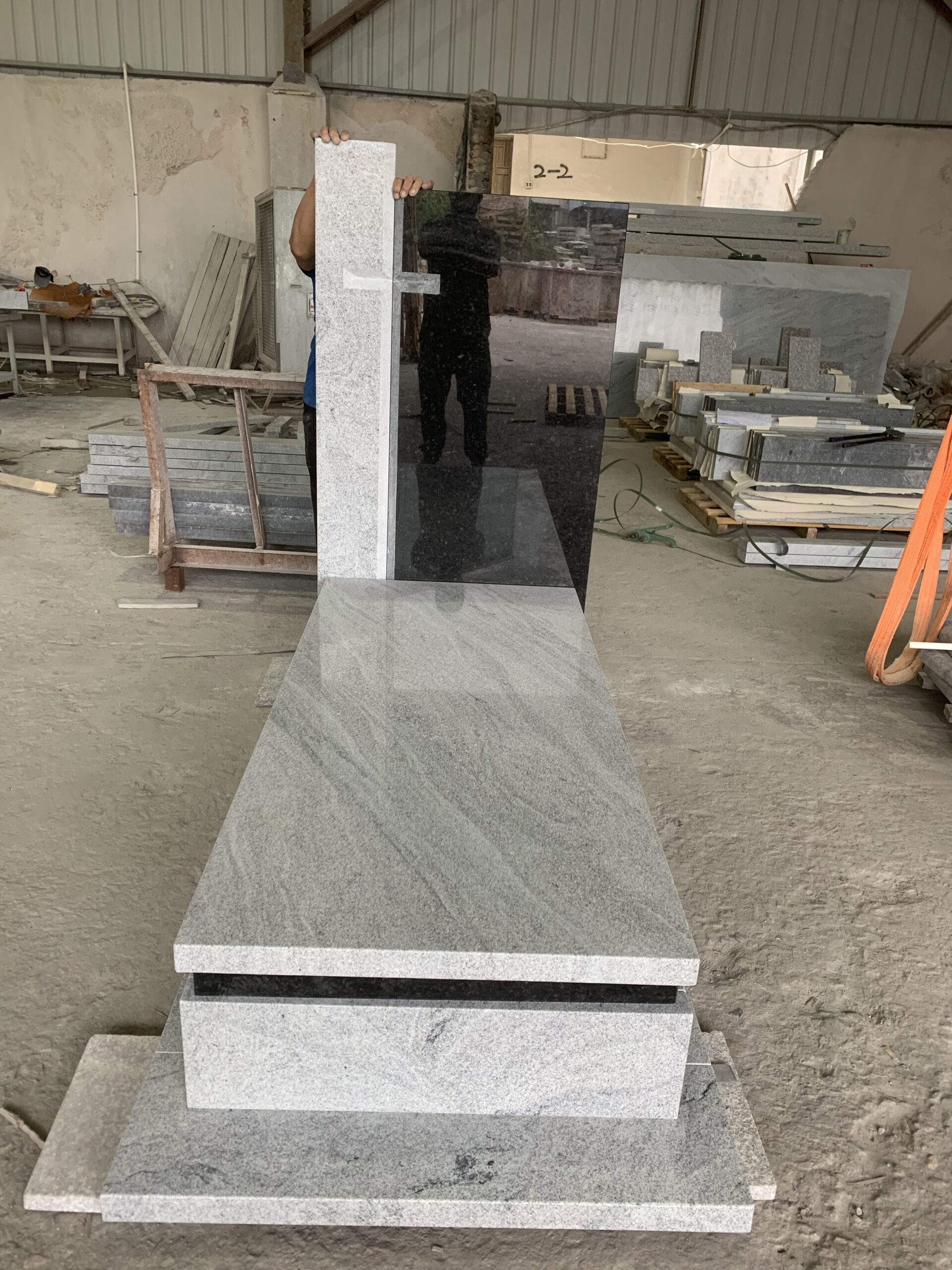 Viscont White Angola Black Granite Tombstone Carved Cross Headstone 1