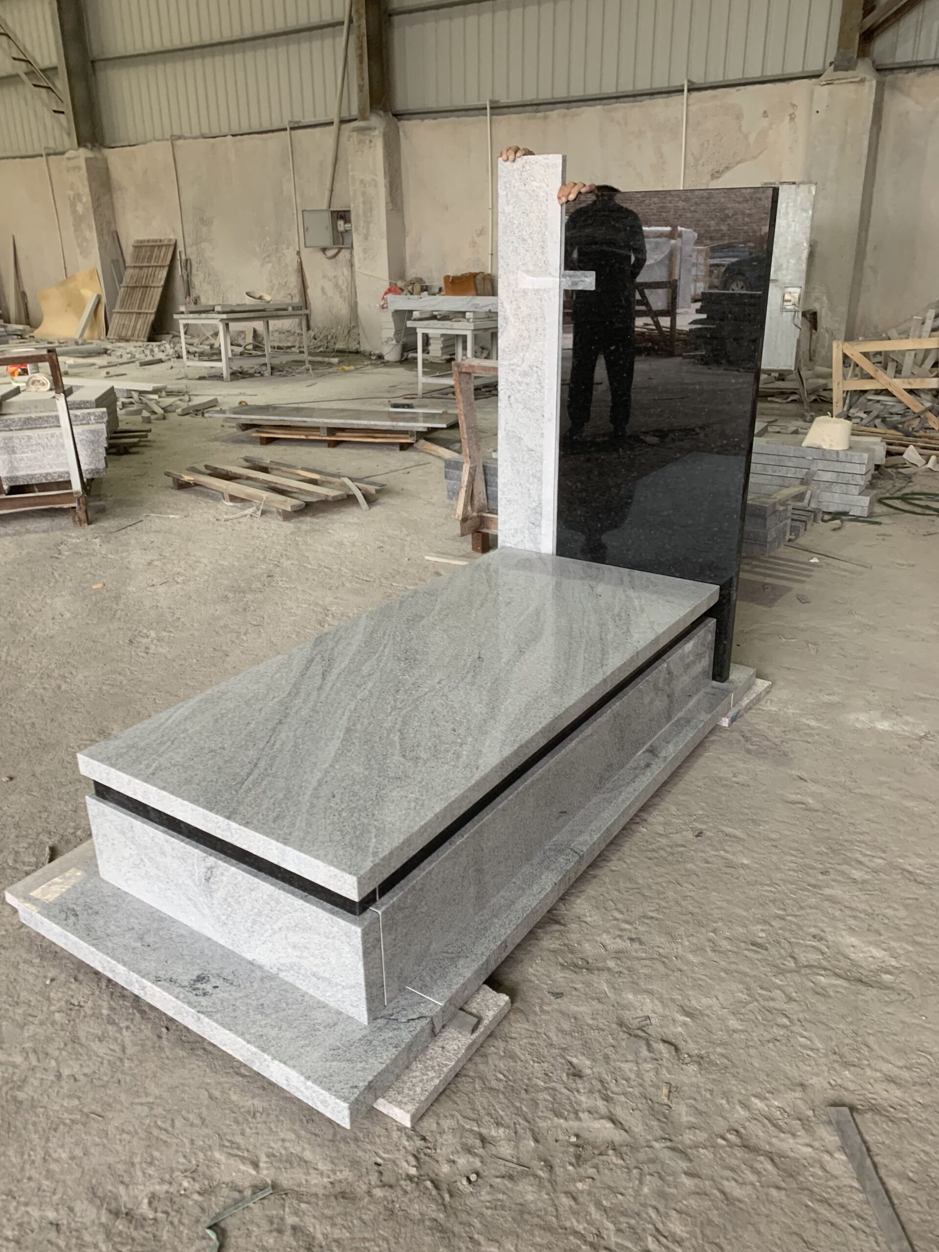 Viscont White Angola Black Granite Tombstone Carved Cross Headstone 3