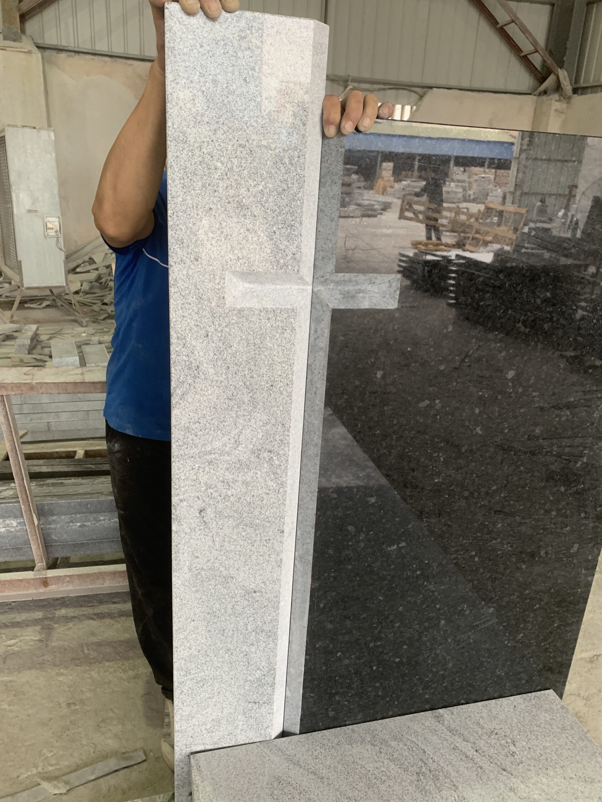Viscont White Angola Black Granite Tombstone Carved Cross Headstone 4