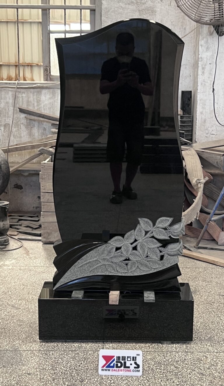 Wave Top Absolute Black Granite Headstone with Hand Carved Rose Design 1