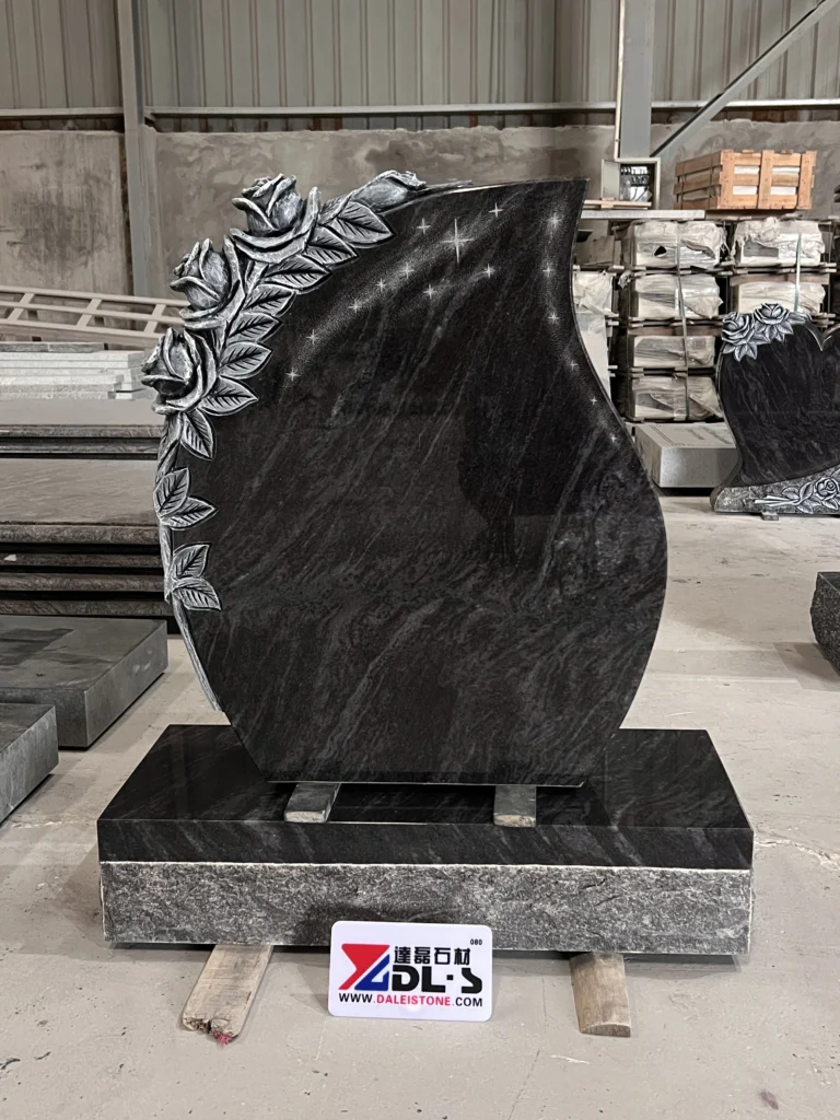 Carved Rose Tear Shaped Bahama Blue Granite Memorial Monument 1