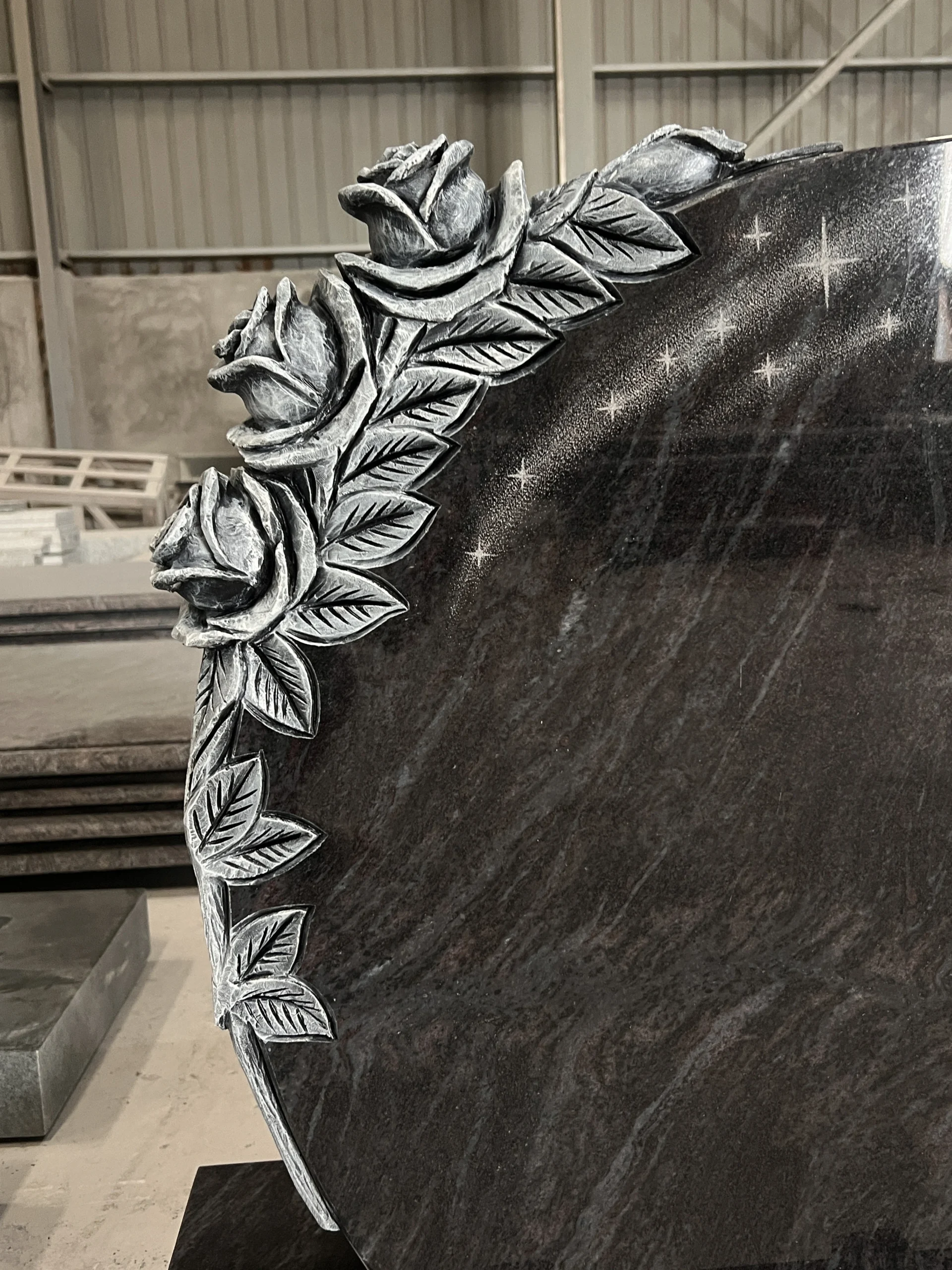 Carved Rose Tear Shaped Bahama Blue Granite Memorial Monument 11