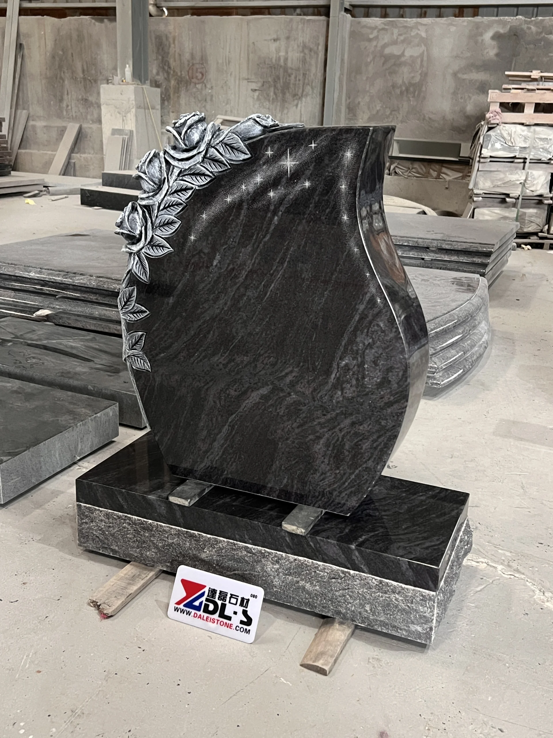 Carved Rose Tear Shaped Bahama Blue Granite Memorial Monument 2 Carved Rose Tear Shaped Bahama Blue Granite Memorial Monument 2