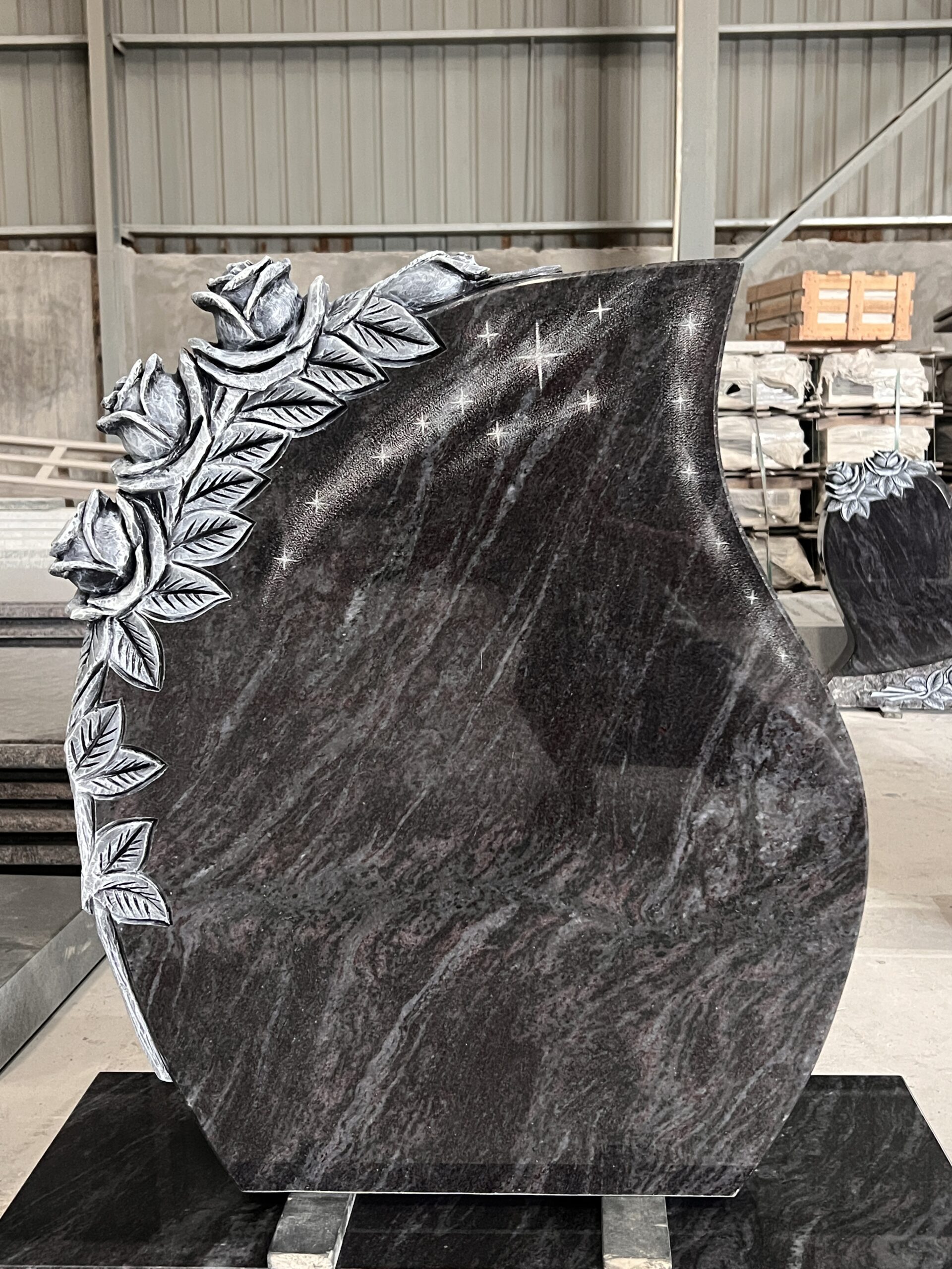 Carved Rose Tear Shaped Bahama Blue Granite Memorial Monument 4 Carved Rose Tear Shaped Bahama Blue Granite Memorial Monument 4