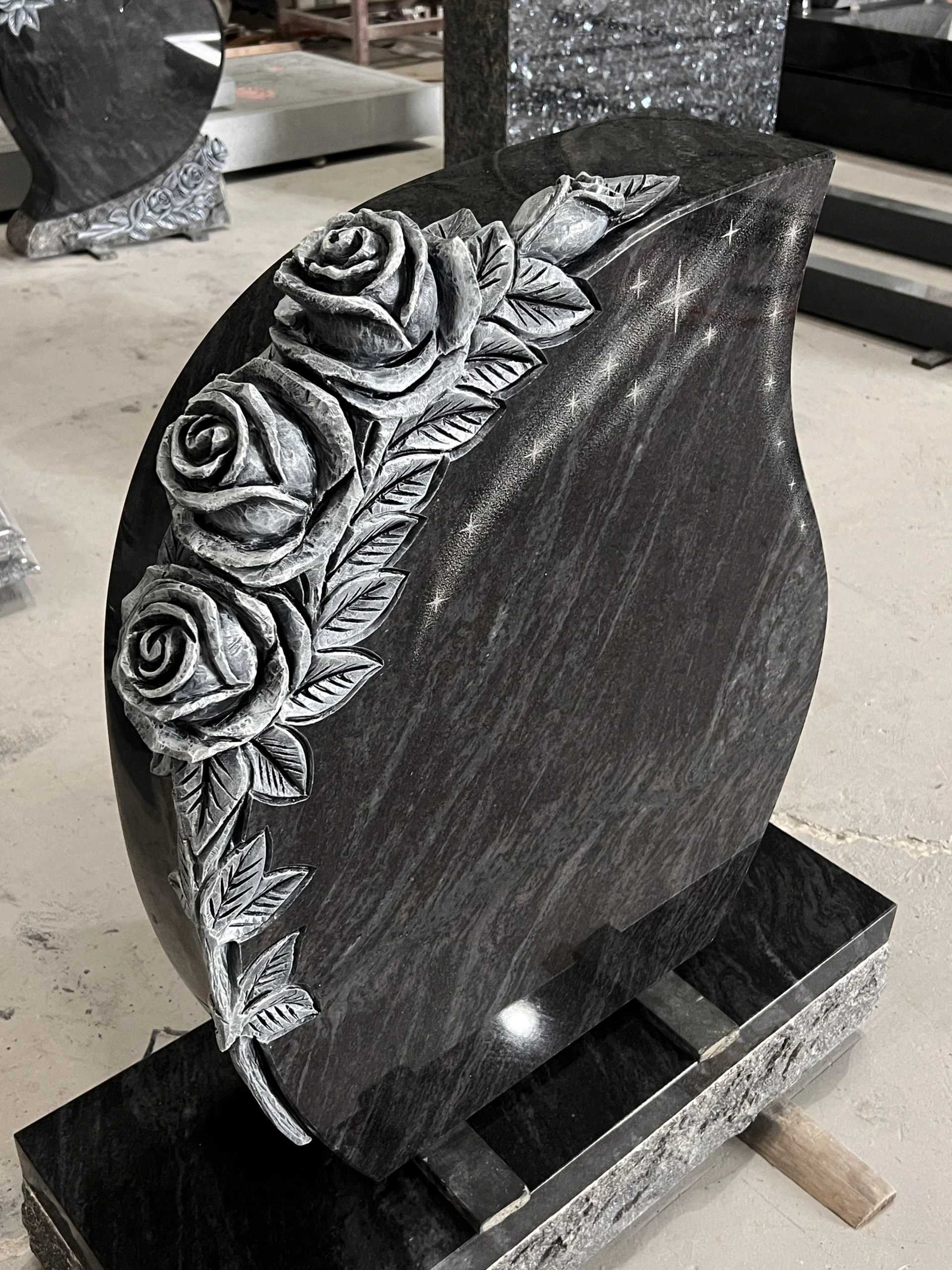 Carved Rose Tear Shaped Bahama Blue Granite Memorial Monument 6 Carved Rose Tear Shaped Bahama Blue Granite Memorial Monument 6